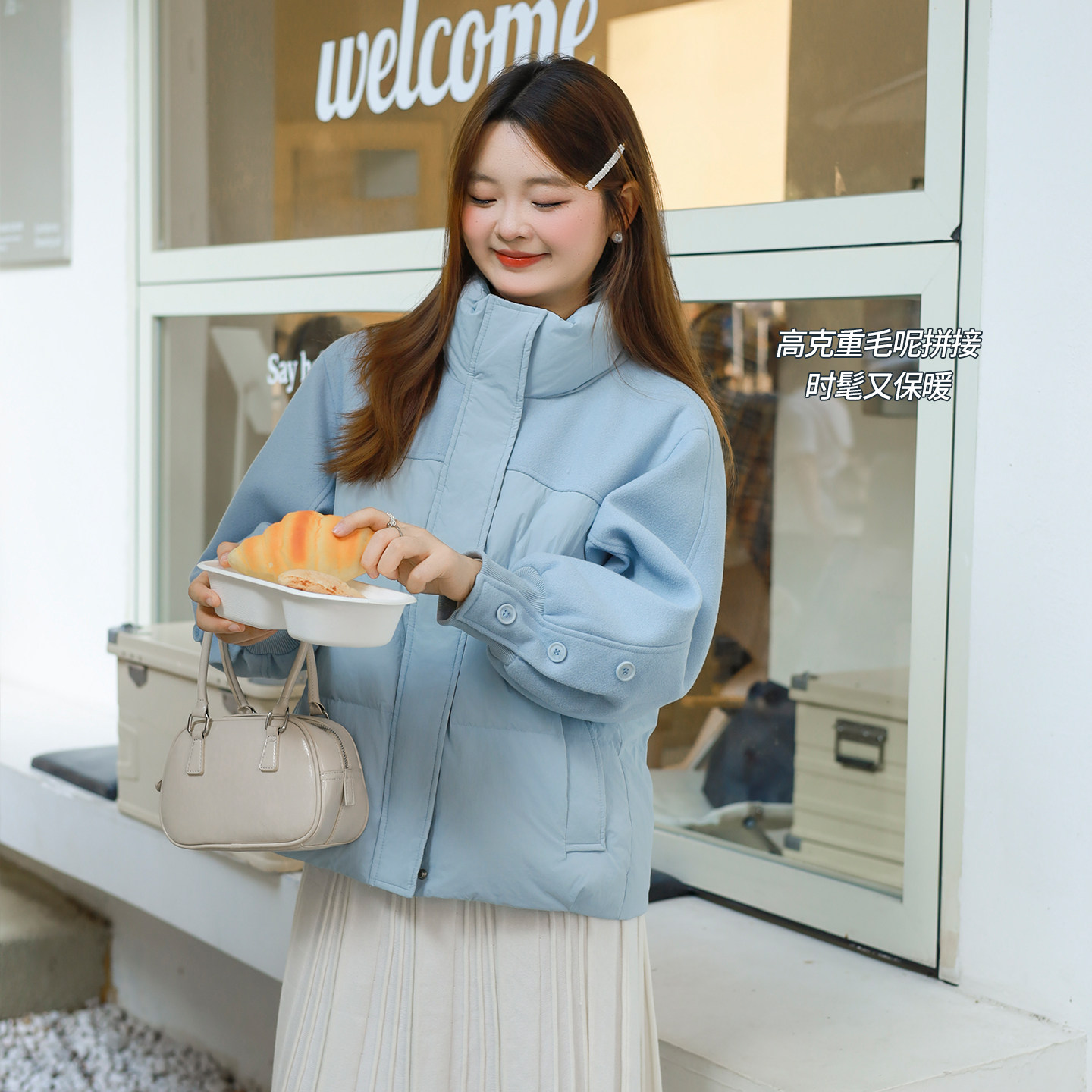 DM100大码百分百女装微胖mm冬季毛呢拼接防风立领短款轻薄羽绒服