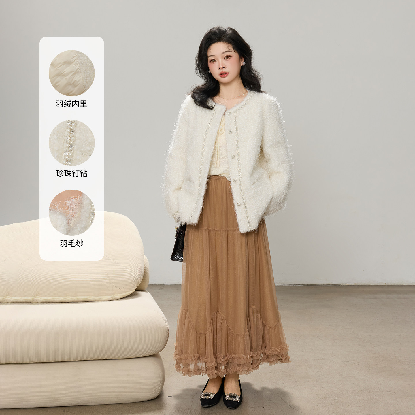 DM100大码百分百女装微胖mm冬季气质正肩小香风编织轻薄羽绒服