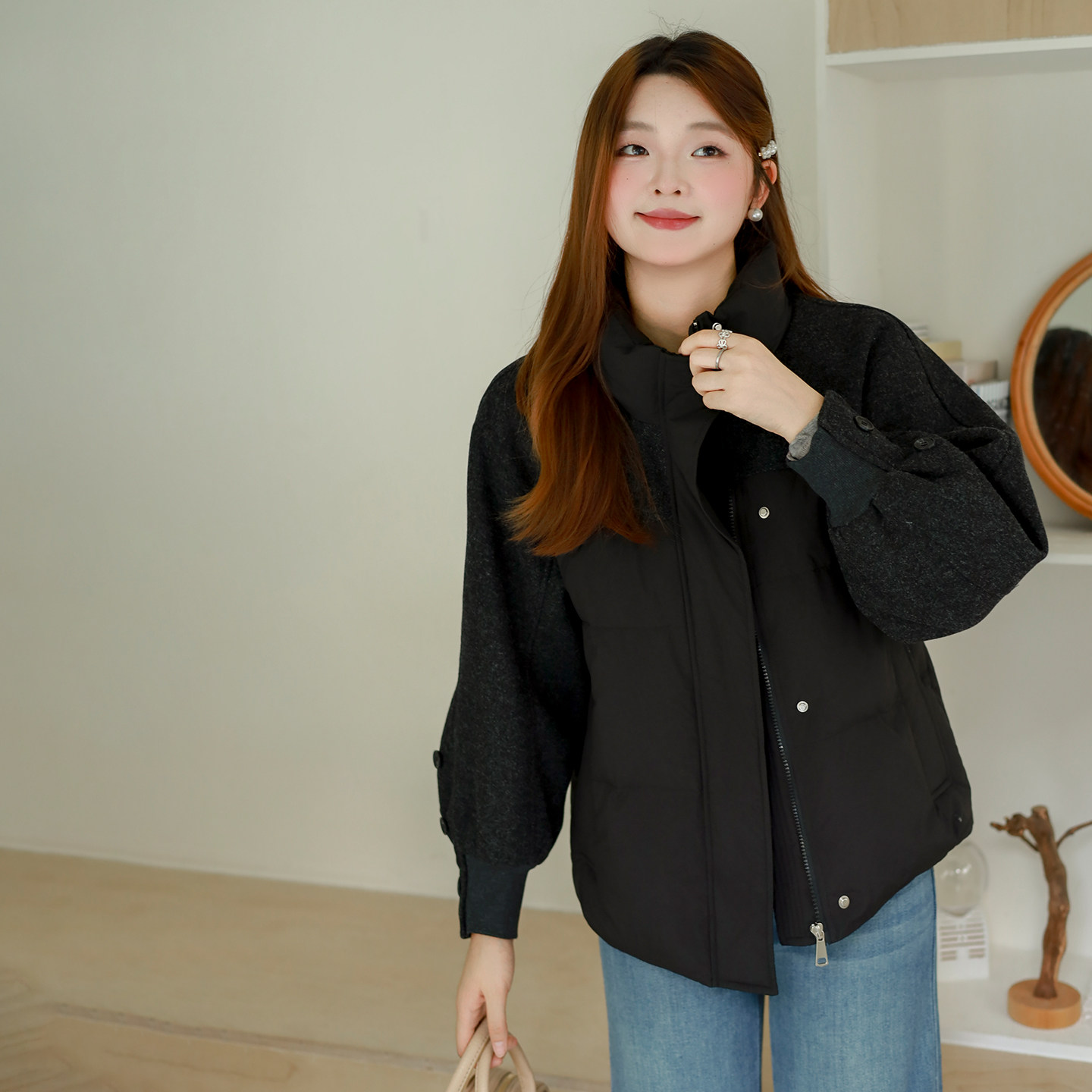 DM100大码百分百女装微胖mm冬季毛呢拼接防风立领短款轻薄羽绒服