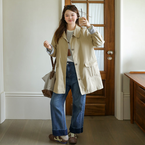 DM100大码百分百女装微胖mm秋季时尚百搭显瘦线条卷边阔腿牛仔裤 - 图1