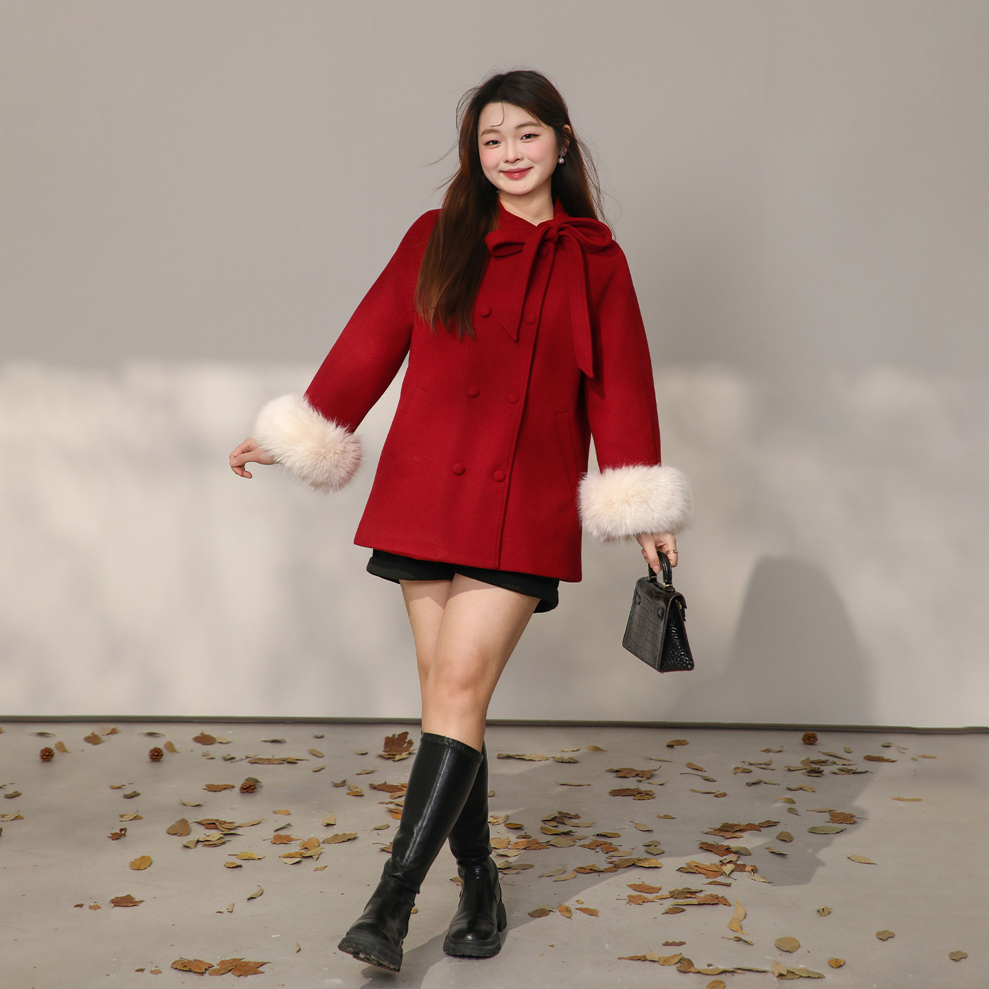 【新年焕新红色战袍】DM100大码气质千金风红色夹棉毛呢大衣外套,淘宝优惠券,粉丝福利购,淘宝优惠卷