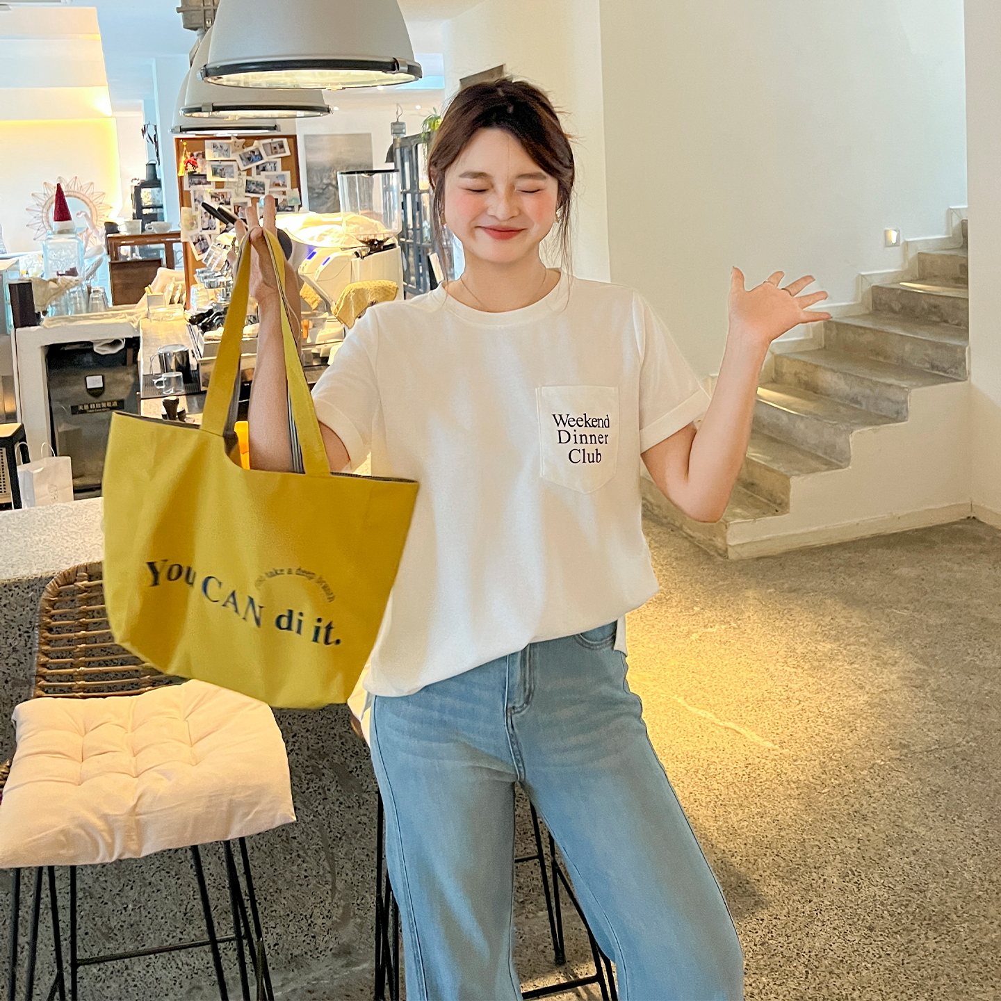 DM100大码百分百女装夏季微胖mm休闲百搭圆领字母印花口袋宽松T恤