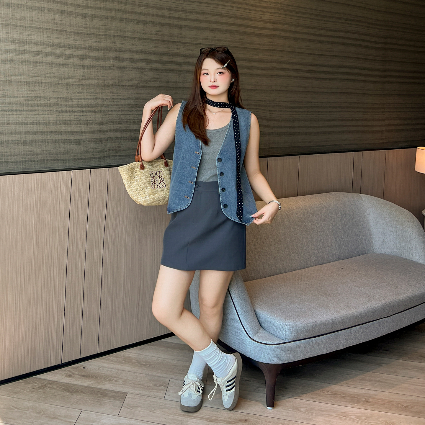 DM100大码百分百女装秋季微胖mm百搭灰色H版西装裙高腰直筒半身裙 - 图1