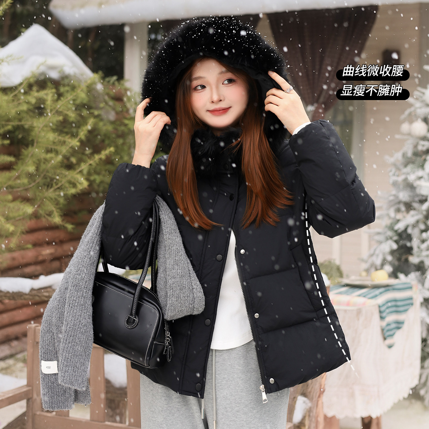 DM100大码百分百女装微胖mm冬季收腰加厚立领短款连帽羽绒服外套 - 图1