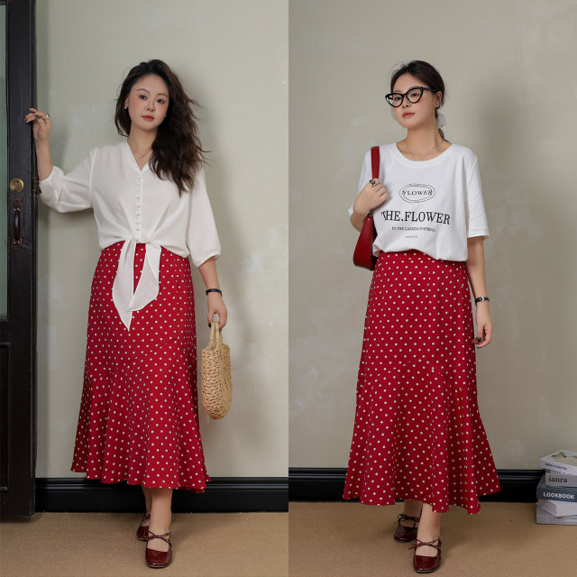 DM100 large size 100% fat mm women's autumn slim French shirt polka dot fishtail skirt suit