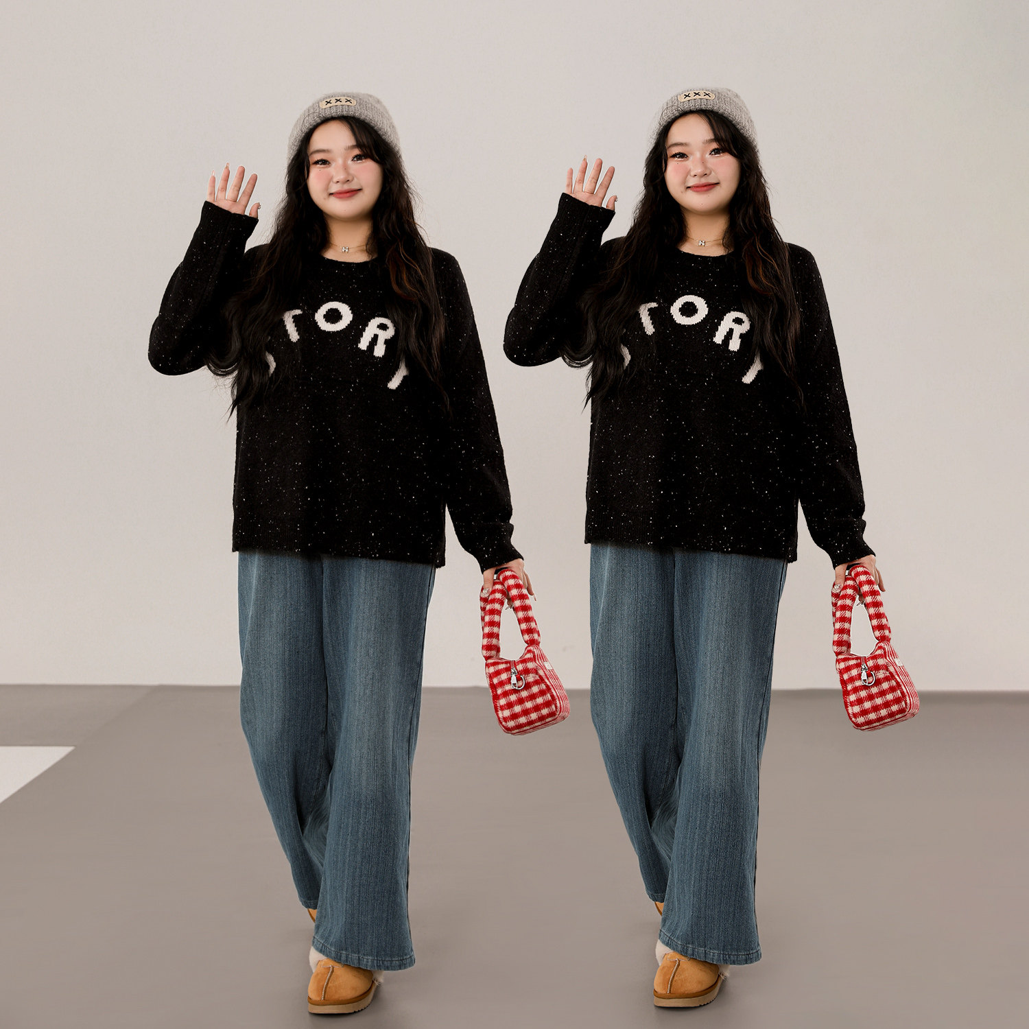 DM100大码百分百微胖mm女装冬季打底内搭毛衣圆领字母提花针织衫,淘宝优惠券,粉丝福利购,淘宝优惠卷