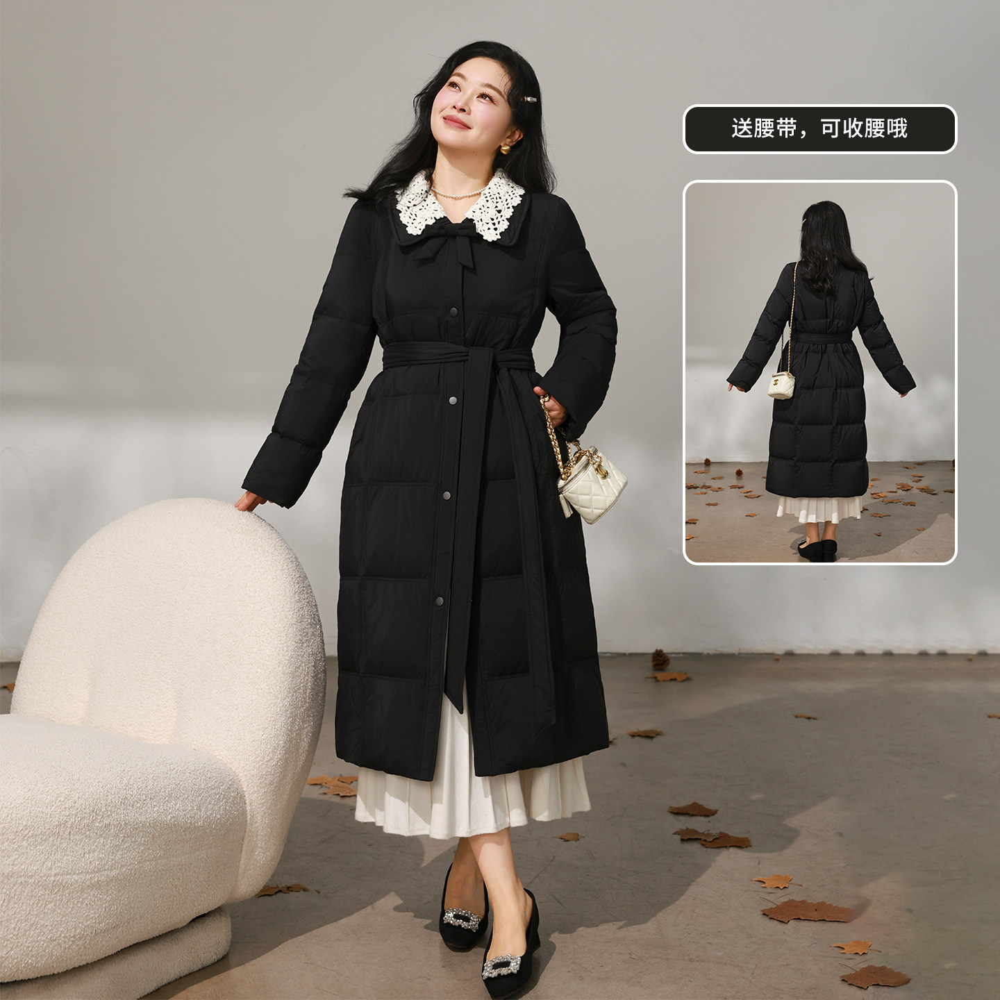 DM100大码百分百女装微胖mm冬季花边翻领正肩收腰长款羽绒服外套,淘宝优惠券,粉丝福利购,淘宝优惠卷