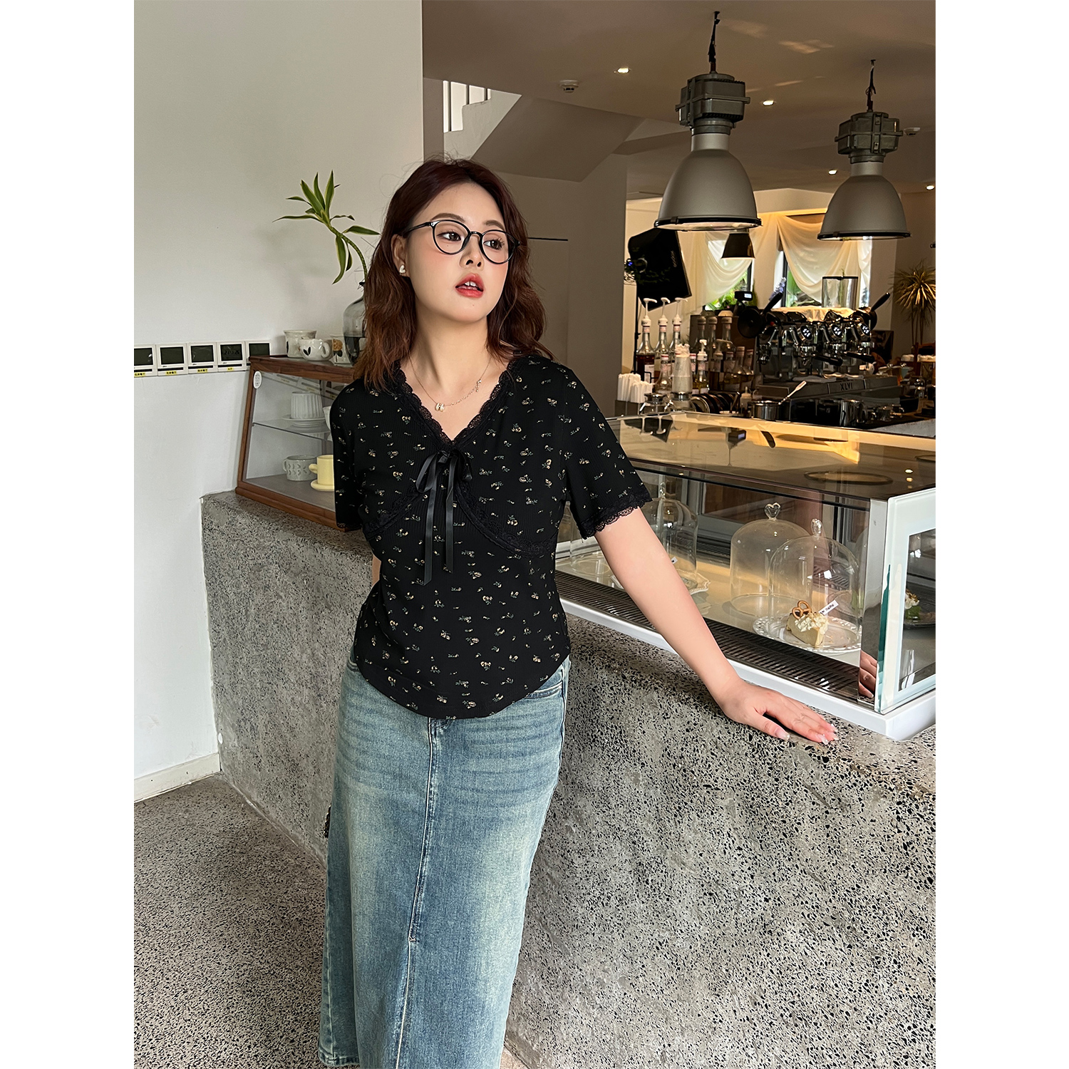 DM100大码百分百女装夏微胖mmV领T恤蝴蝶结短袖上衣通勤百搭