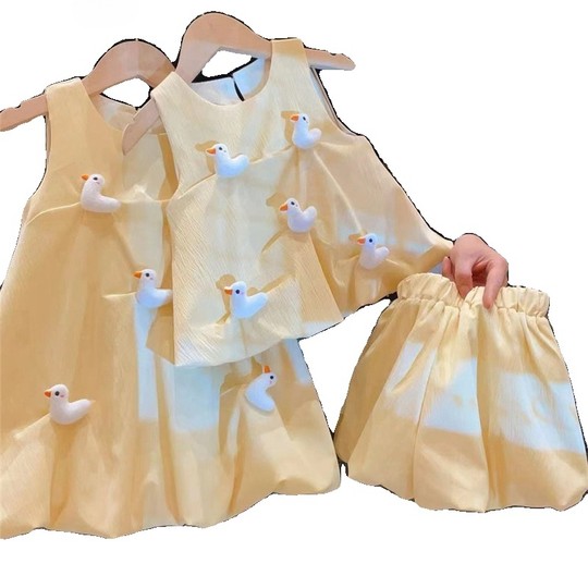 2025夏季新款女童立体小鸭子套装背心两件套无袖连衣裙子姊妹装潮