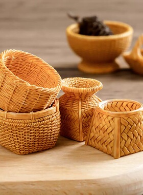 仿真藤编篮子小摆件竹编筐 diy装饰品配件迷你拍摄造景收纳框创意
