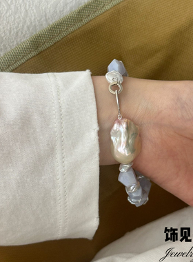 度假风蓝紫色玛瑙天然炫彩巴洛克珍珠手链小众高级轻奢气质手串女