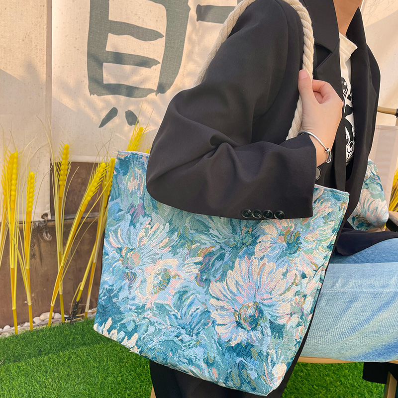 莫奈花园文艺小清新帆布包学生书包补习单肩包大容量手提包购物袋 - 图0