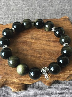 大颗粒黑曜石纯银佛牌水晶手链