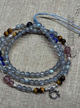 天然月光石青金石虎眼石唐卡挂链民族风毛衣项链S925纯琅佛牌挂链