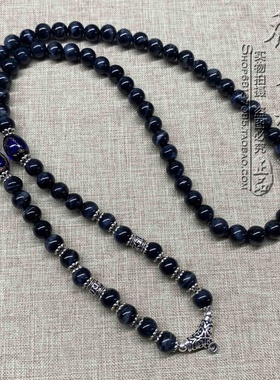 天然蓝虎眼虎睛石泰银S925纯银配饰唐卡项链泰国佛牌毛衣挂链