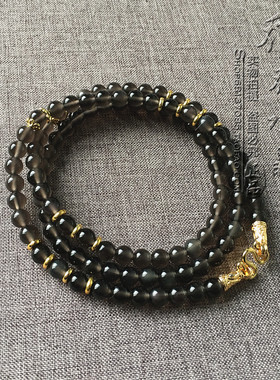 黑曜石冰种彩虹眼金色毛衣项链