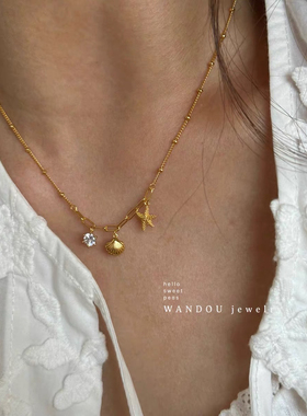 18K金海岛风贝壳幸运符号十字架个性镀金镀细项链锁骨链