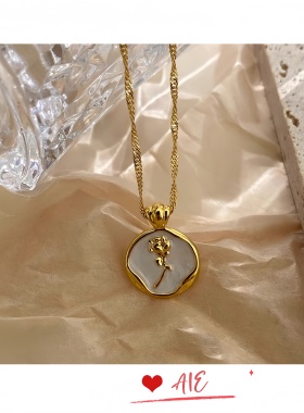 镀K金法式复古优雅玫瑰圆牌吊坠项链滴釉郁金香花朵毛衣链