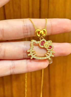 镀K金可爱少女HelloKitty满钻项链女新款方圆脸轻奢感独特KT猫