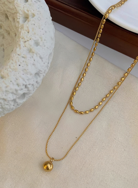 18K金项链女款双层圆珠链锁骨链黄金色素圈吊坠颈饰送女友礼物