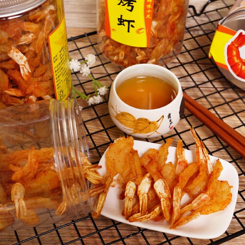 香港风味香烤虾干 微辣有嚼劲香脆美味即食香辣烤大虾干200g罐装 - 图1
