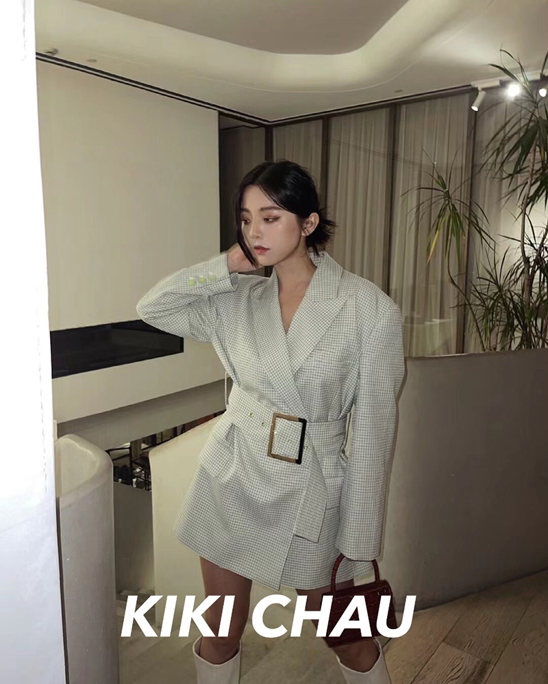 现货！KIKI CHAU 优雅气质薄荷绿格纹西装外套女百搭廓形通勤 - 图1