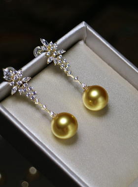 挚彩珠宝设计款金珍珠单颗吊坠耳环正圆首饰套装金色毛衣链长款女