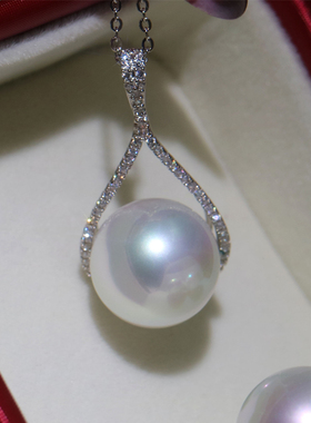 挚彩珠宝大溪地黑珍珠樱花粉白珍珠满钻单颗吊坠正圆纯银时尚女