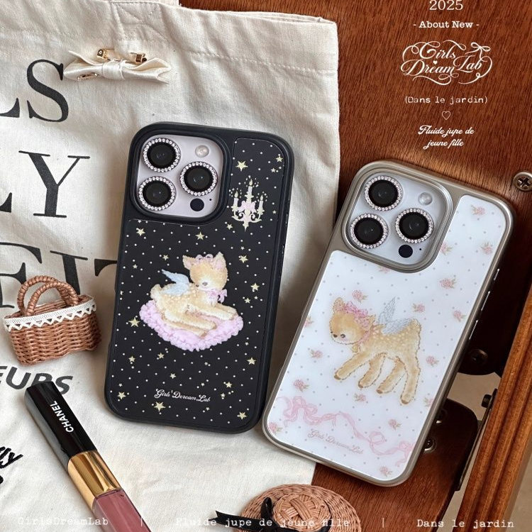 碎花小鹿天使亚克力银黑边磁吸适用苹果iPhone16promax手机壳1312pro小米1415Pro华为mate60p70三星S23防摔 - 图1