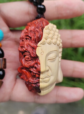 黄杨木搭配禅意文玩男女随身把玩工艺品紫檀木佛魔一念之间手把件