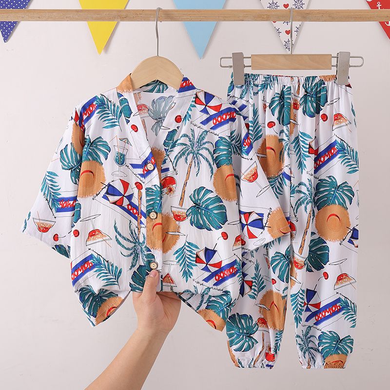 七分袖长裤套装夏季儿童绵绸睡衣男童女童棉绸薄款宝宝空调家居服 - 图2