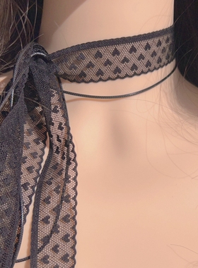 小众设计感黑色爱心蕾丝花边长条小围巾项圈颈带少女气质百搭项链