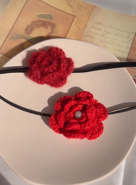 秋冬新款酒红色毛线花朵长款绑带项圈颈带choker少女个性气质项链