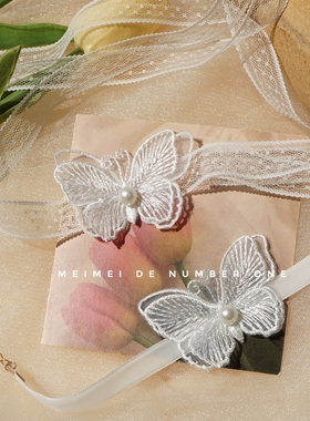 韩版仙气飘飘的白色蕾丝蝴蝶颈带少女心气质百搭绑带项圈脖子饰品