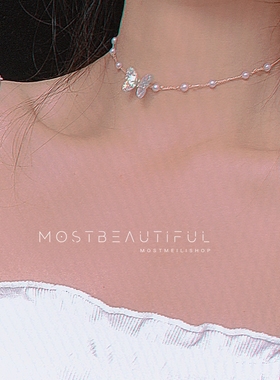 超仙气幻彩灵动蝴蝶珍珠锁骨链少女甜美气质原创小众设计感choker