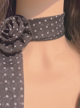 法式浪漫复古波点玫瑰花朵长条丝巾围巾气质百搭绑带项圈颈带项链