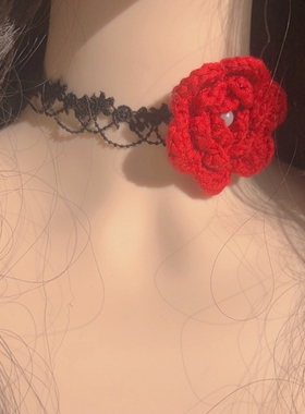 原创设计秋冬新款红色毛线花朵蕾丝短款choker项链锁骨链百搭颈带