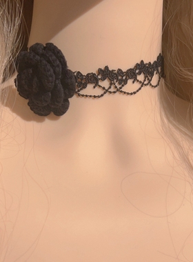 秋冬新款黑色毛线花朵蕾丝花边短款项圈颈带choker个性少女项链