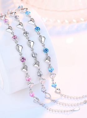 橙也京东天猫蓝心手链 女镂空爱心形镀银手链 蓝色手饰品厂家