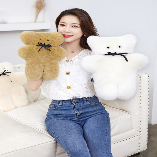 毛绒玩偶泰迪熊公仔澳洲纯羊毛皮毛一体扁扁熊女生小熊玩具抱抱熊 - 图0