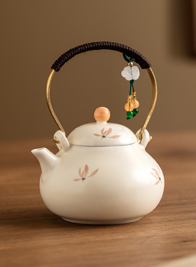 米黄釉兰花绑绳提梁壶大容量茶壶单壶中式陶瓷茶具泡茶煮茶壶