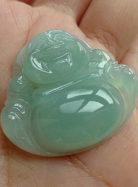 冰糯种化地果冻胶感青绿坐佛 天然A货翡翠弥勒佛佛公玉佛玉坠吊坠
