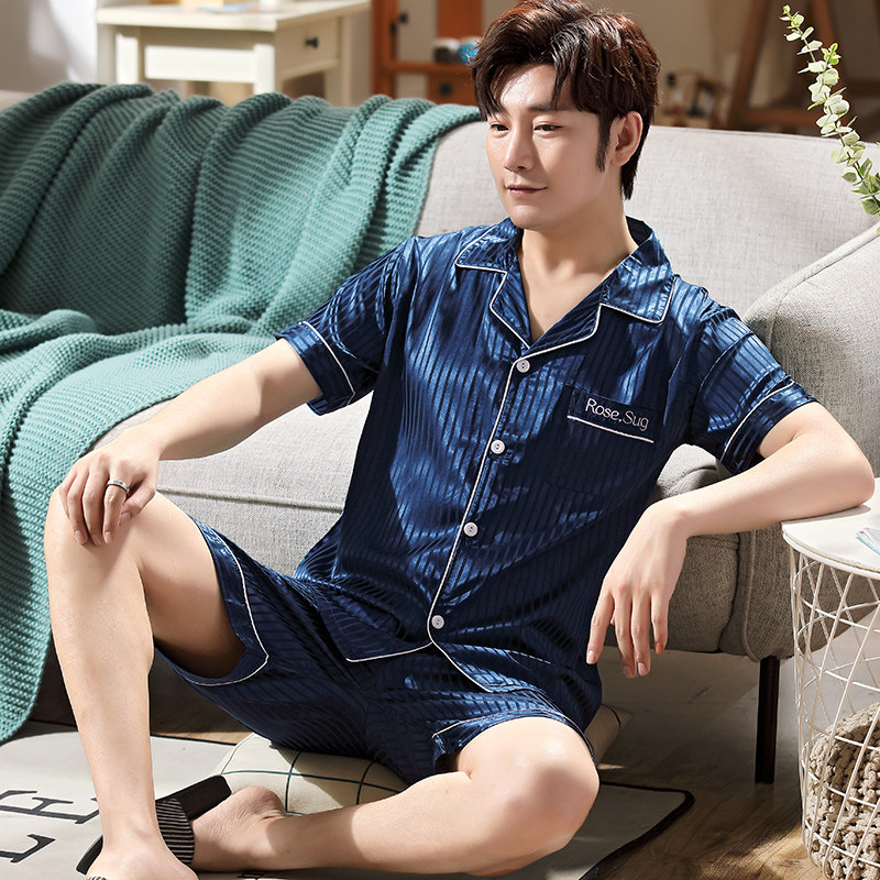 冰丝男士夏天短袖仿真丝绸青年睡衣 梦依情睡衣/家居服套装