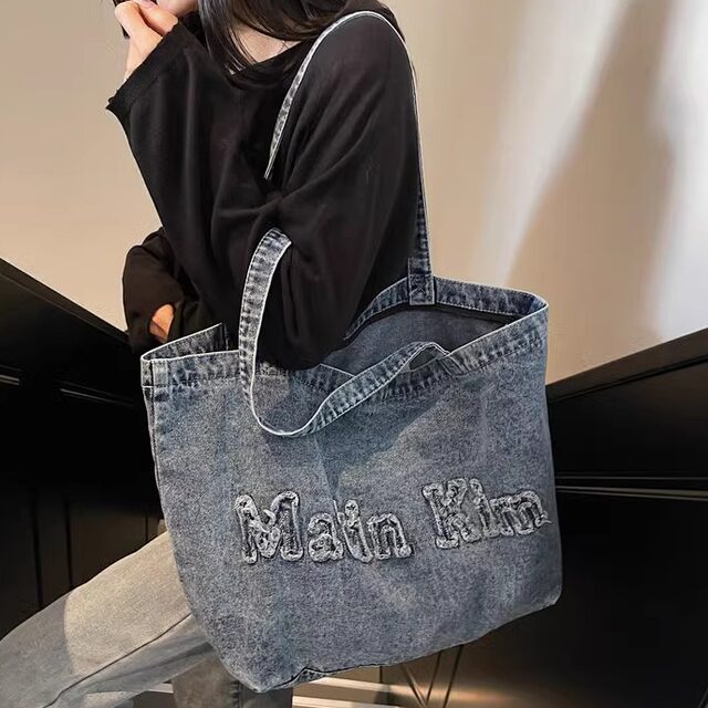 Korean letter embroidered denim large capacity armpit bag