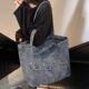 Korean letter embroidered denim large capacity armpit bag