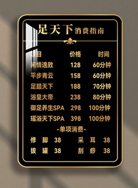 足浴店足疗价目表定制挂墙头疗采耳价格表中医养生按摩推拿价位表
