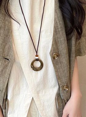 圆环吊坠黑绳长款项链女简约百搭高级感毛衣链秋冬小众卫衣链配饰