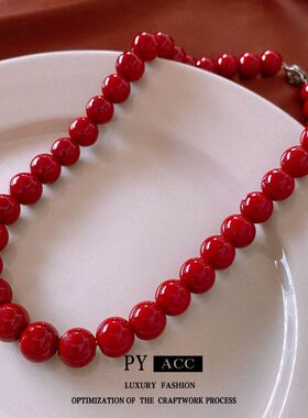 安可拉红圆形玻璃珠串珠项链简约时尚百搭锁骨链高级感气质饰品