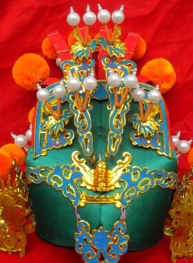 关羽帽将巾绿父子盔 帽盔 武生盔帽头盔财神帽 相刁