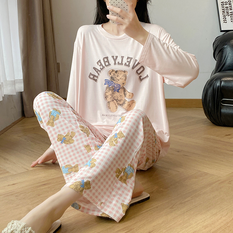 GP日系睡衣女春夏长袖长裤莫代尔卡通小熊格子印花家居服春秋套装 - 图2